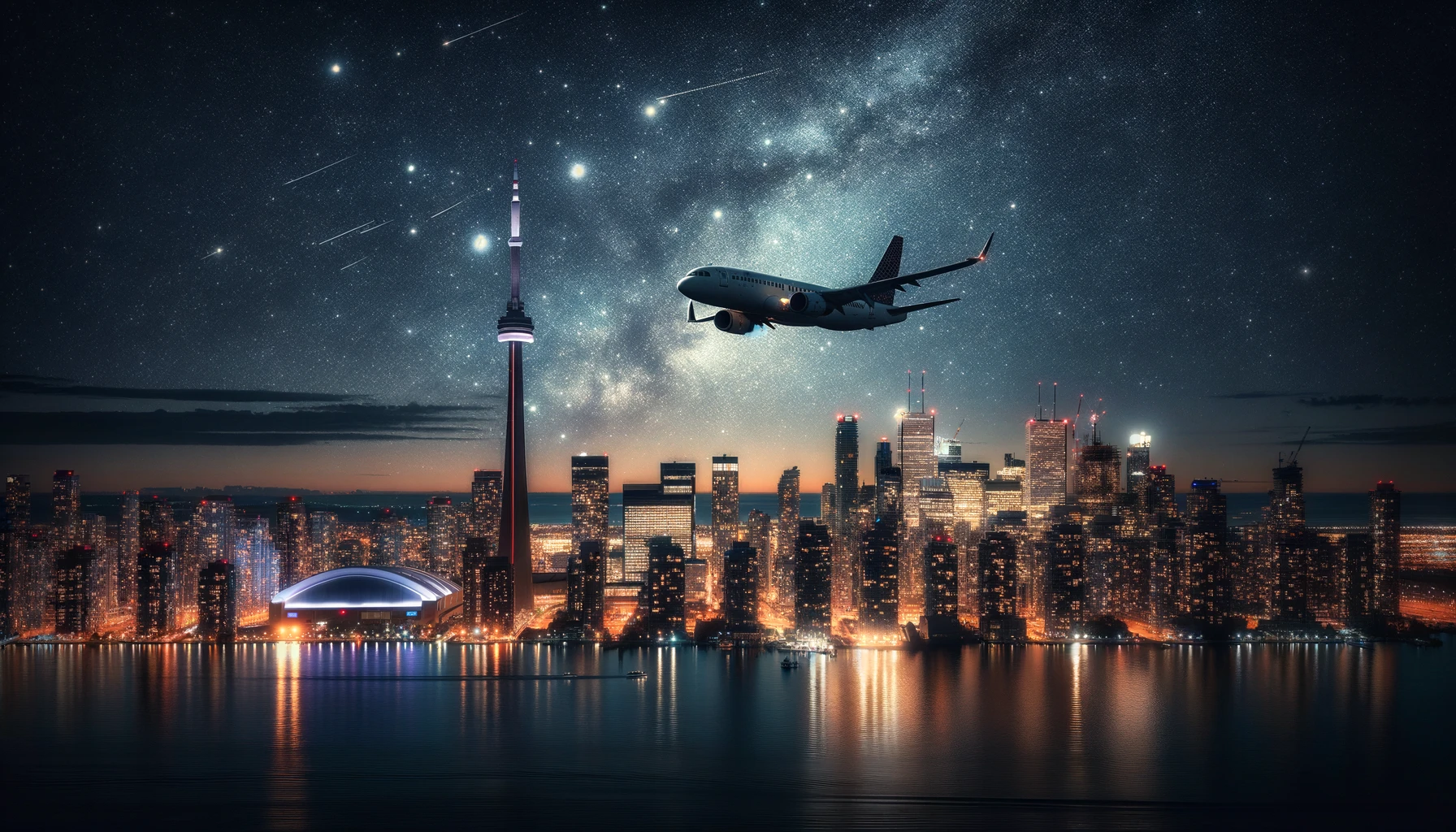 Join The Thrill Canadian International Air Show 2024   DALL·E 2024 03 08 13.38.38 A Plane Flying Over The Skyline Of Toronto Canada At Midnight Under A Starry Sky. The Scene Is Set Against The Backdrop Of The Citys Night Lights.webp