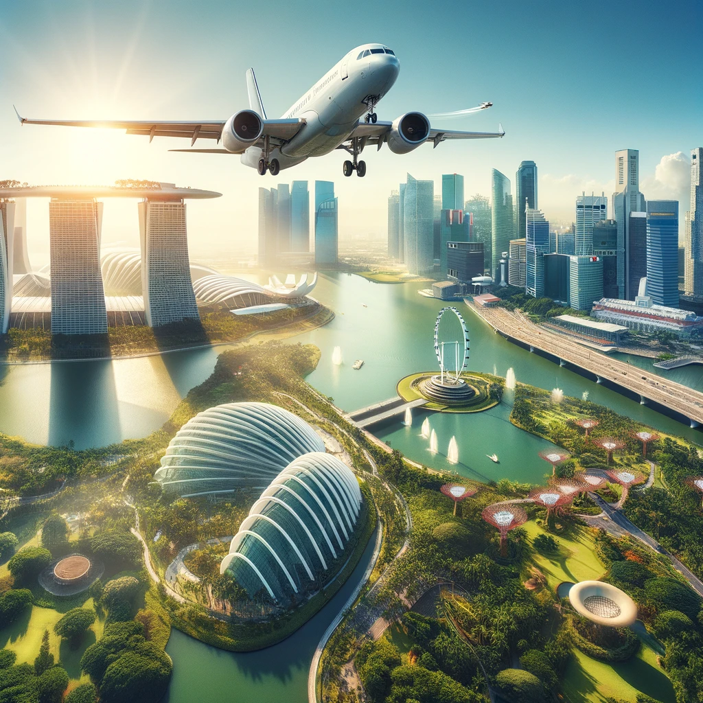 Unlock Innovation At Aviation Festival Asia 2024   DALL·E 2024 03 18 15.39.00 A Plane Flying Over The Modern Cityscape Of Singapore On A Bright Sunny Day. The Scene Depicts The Distinctive Skyline Of Singapore Featuring Iconic.webp